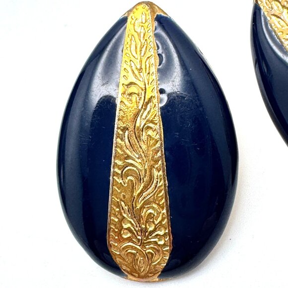 Gold & Navy Blue Vintage Teardrop Post Pierced Earrings Ornate Design 1 1/8 " - Picture 3 of 6